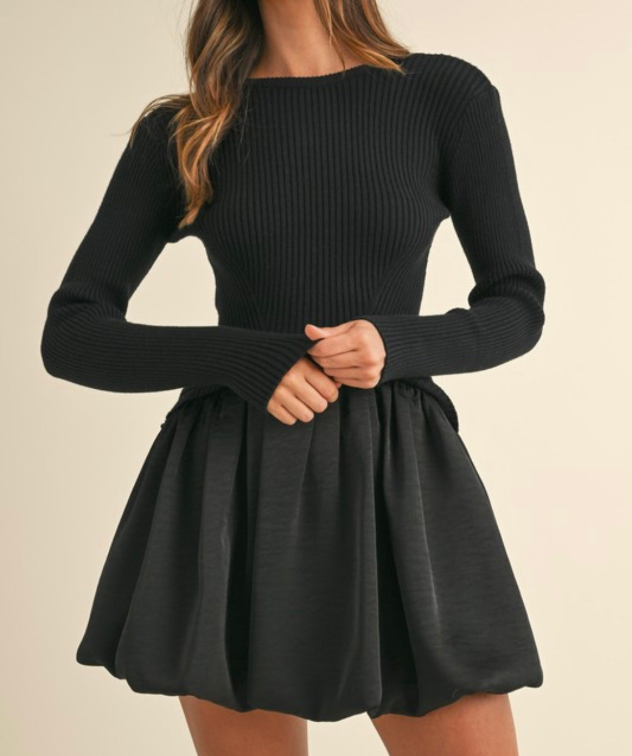 Knit Sweater with Bubble Mini Skirt Dress Stylish and Cozy Black / S Knit Sweater with Bubble Mini Skirt Dress Stylish and Cozy Black / S
