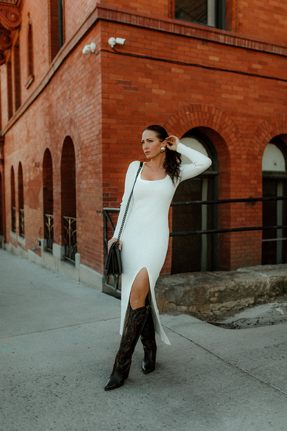 Baila Sweater Dress with a slit.