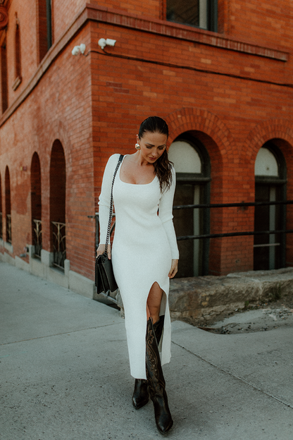 Baila Sweater Dress with a slit.