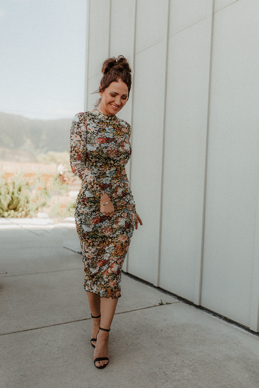 Floral Knit Lettuce-Edge Midi Dress