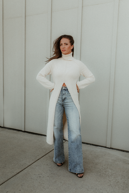 Addie Ecru Sweater Turtleneck Tunic with a split