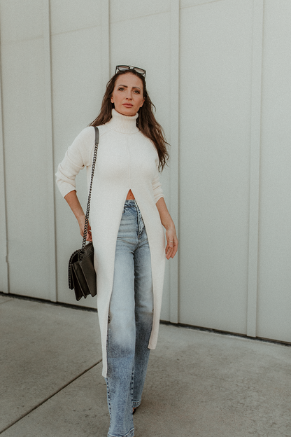 Addie Ecru Sweater Turtleneck Tunic with a split