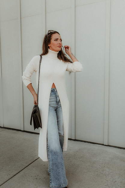 Addie Ecru Sweater Turtleneck Tunic with a split