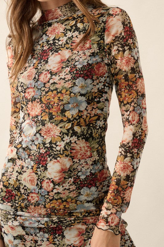 Floral Knit Lettuce-Edge Midi Dress