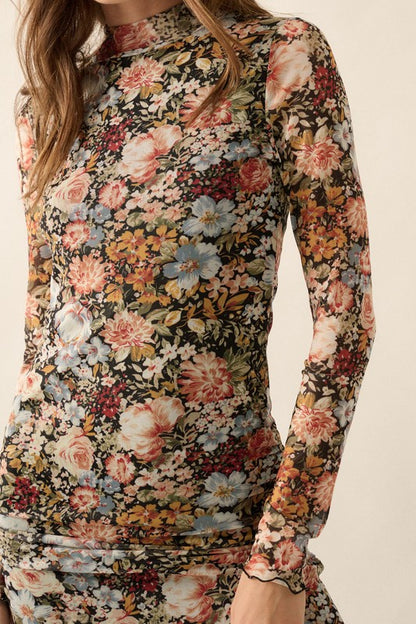 Floral Knit Lettuce-Edge Midi Dress