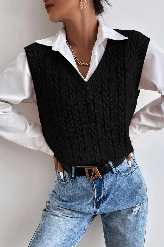 Karo Oversized V Neck Cable Sweater Vest